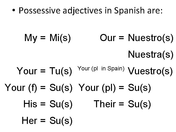  • Possessive adjectives in Spanish are: My = Mi(s) Our = Nuestro(s) Nuestra(s)