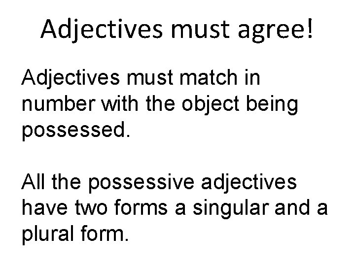 Adjectives must agree! Adjectives must match in number with the object being possessed. All