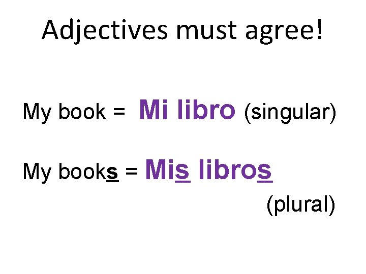 Adjectives must agree! My book = Mi libro (singular) My books = Mis libros