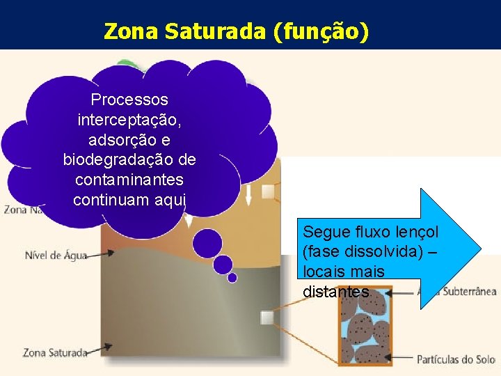 Zona Saturada (função) Processos interceptação, adsorção e biodegradação de contaminantes continuam aqui Segue fluxo