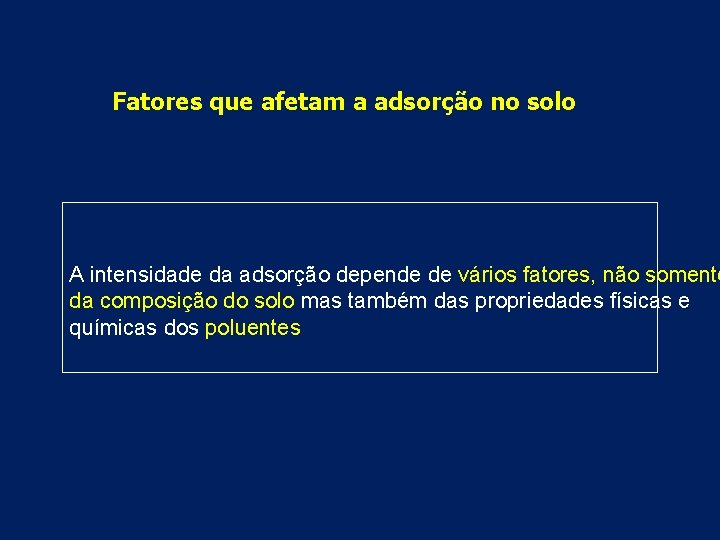 Fatores que afetam a adsorção no solo A intensidade da adsorção depende de vários