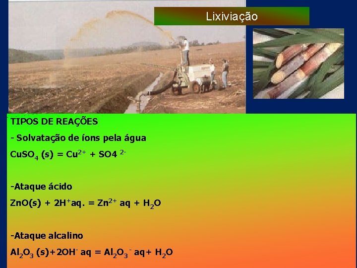 Lixiviação TIPOS DE REAÇÕES - Solvatação de íons pela água Cu. SO 4 (s)