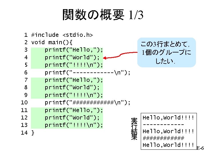 関数の概要 1/3 1 #include <stdio. h> 2 void main(){ この 3行まとめて， 3 printf("Hello, ");