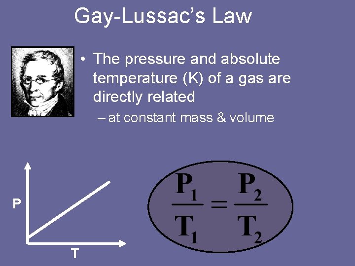 Gay-Lussac’s Law • The pressure and absolute temperature (K) of a gas are directly
