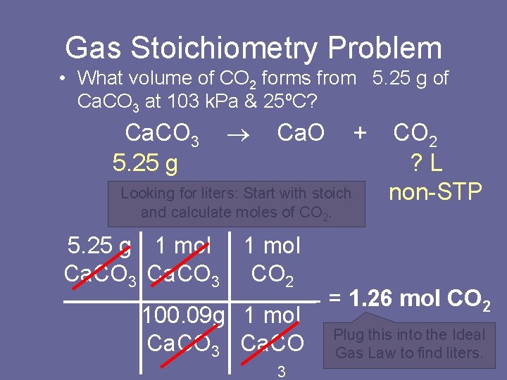 Gas Stoichiometry Problem • What volume of CO 2 forms from 5. 25 g