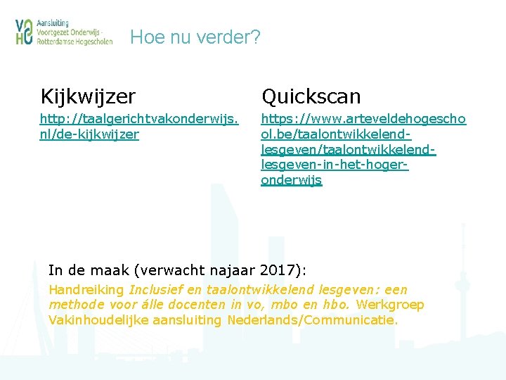 Hoe nu verder? Kijkwijzer Quickscan http: //taalgerichtvakonderwijs. nl/de-kijkwijzer https: //www. arteveldehogescho ol. be/taalontwikkelendlesgeven-in-het-hogeronderwijs In