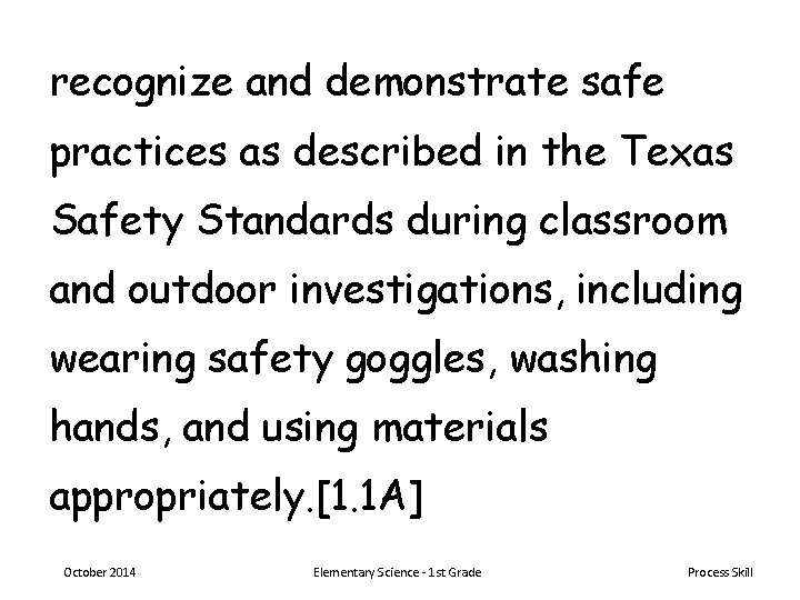 recognize and demonstrate safe practices as described in the Texas Safety Standards during classroom