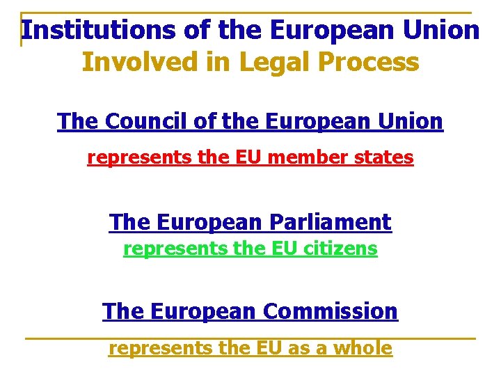 Institutions of the European Union Involved in Legal Process The Council of the European