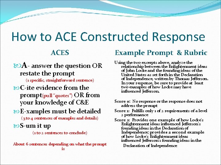 How to ACE Constructed Response ACES A- answer the question OR restate the prompt