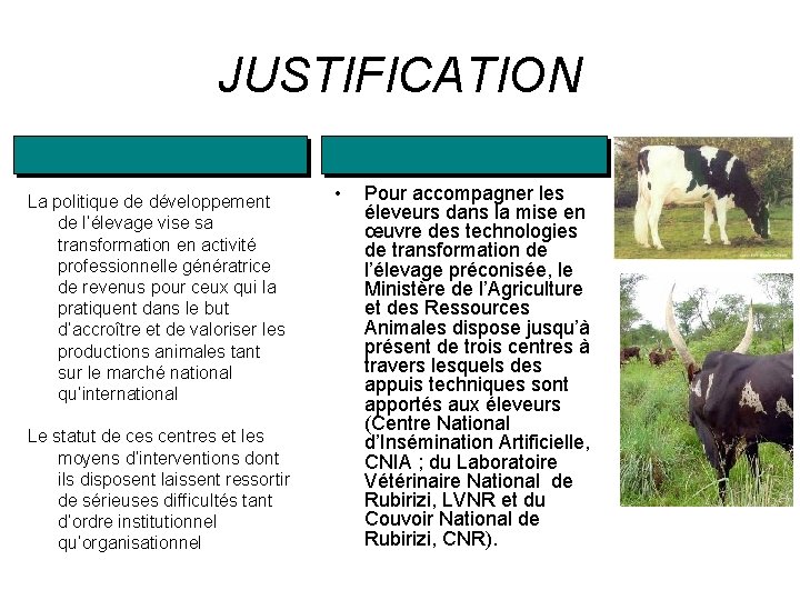 JUSTIFICATION La politique de développement de l’élevage vise sa transformation en activité professionnelle génératrice