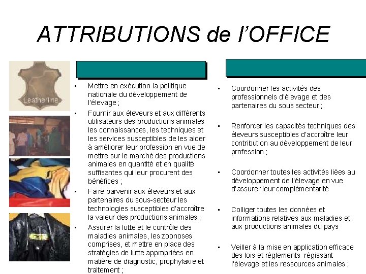 ATTRIBUTIONS de l’OFFICE • • Mettre en exécution la politique nationale du développement de