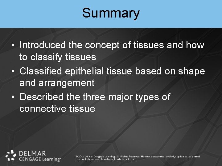 Summary • Introduced the concept of tissues and how to classify tissues • Classified