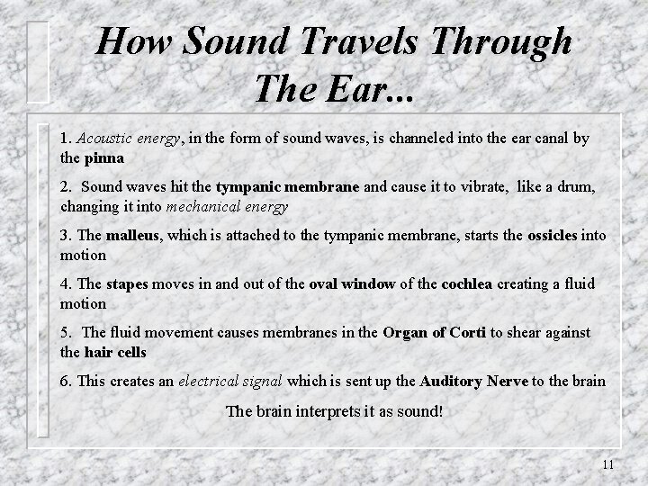 How Sound Travels Through The Ear. . . 1. Acoustic energy, in the form