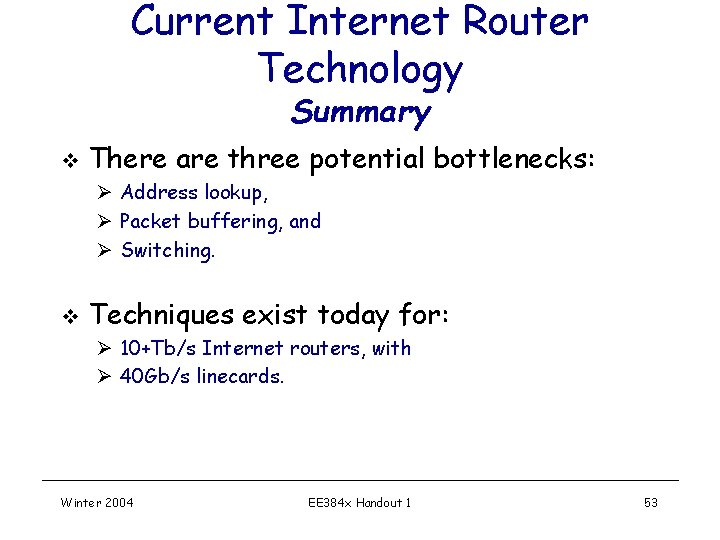 Current Internet Router Technology Summary v There are three potential bottlenecks: Ø Address lookup,