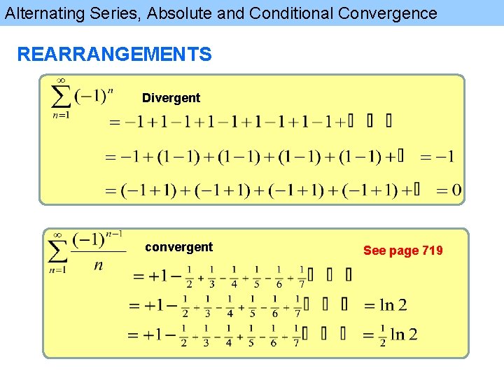 Alternating Series, Absolute and Conditional Convergence REARRANGEMENTS Divergent convergent See page 719 