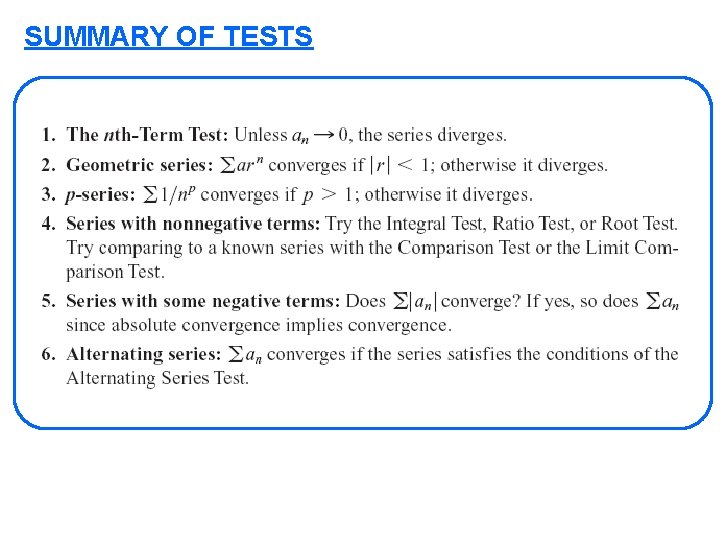 SUMMARY OF TESTS 