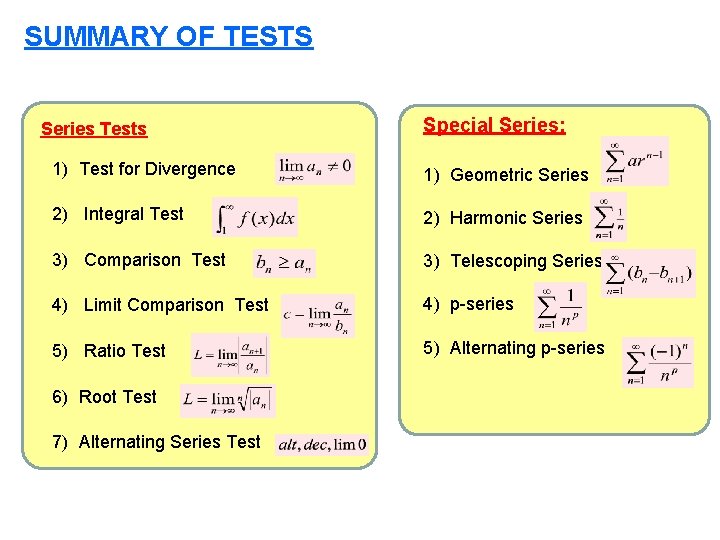 SUMMARY OF TESTS Series Tests Special Series: 1) Test for Divergence 1) Geometric Series