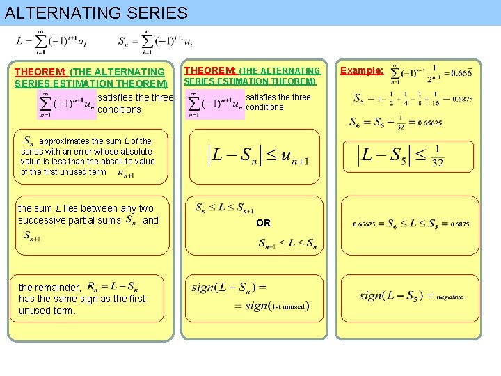 ALTERNATING SERIES THEOREM: (THE ALTERNATING SERIES ESTIMATION THEOREM) satisfies the three conditions approximates the