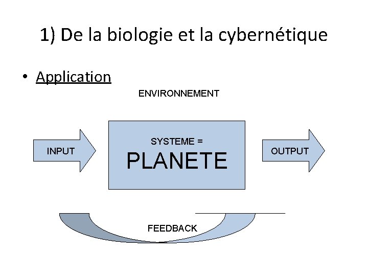 1) De la biologie et la cybernétique • Application ENVIRONNEMENT INPUT SYSTEME = PLANETE