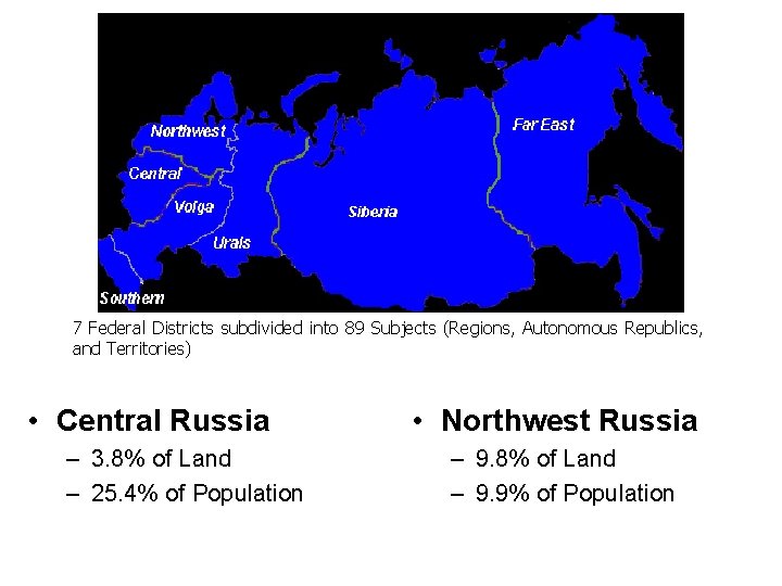 Russian Regions 7 Federal Districts subdivided into 89 Subjects (Regions, Autonomous Republics, and Territories)