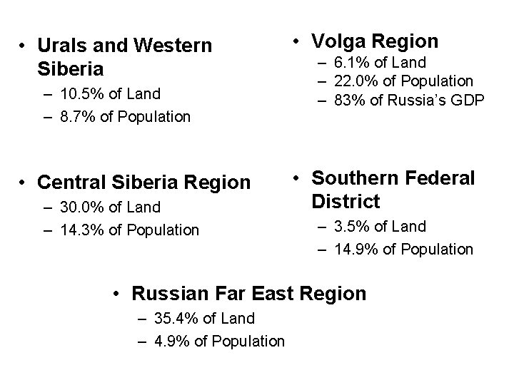  • Urals and Western Siberia – 10. 5% of Land – 8. 7%