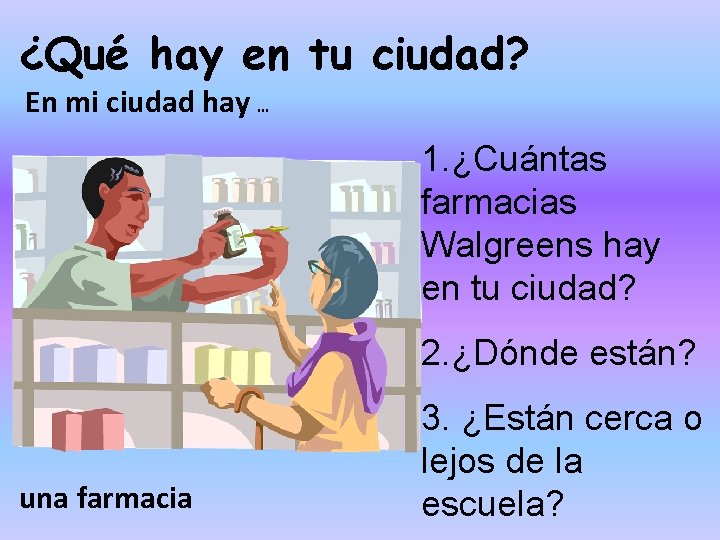 ¿Qué hay en tu ciudad? En mi ciudad hay … 1. ¿Cuántas farmacias Walgreens