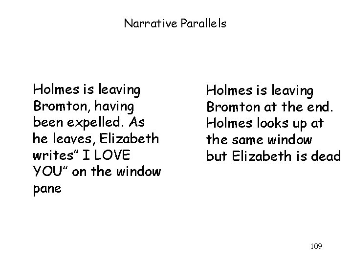 Narrative Parallels Holmes is leaving Bromton, having been expelled. As he leaves, Elizabeth writes”