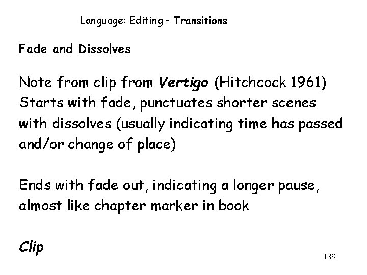 Language: Editing - Transitions Fade and Dissolves Note from clip from Vertigo (Hitchcock 1961)