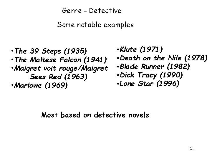 Genre - Detective Some notable examples • The 39 Steps (1935) • The Maltese Genre - Detective Some notable examples • The 39 Steps (1935) • The Maltese