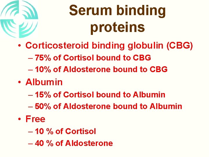 Serum binding proteins • Corticosteroid binding globulin (CBG) – 75% of Cortisol bound to