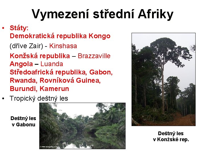 Vymezení střední Afriky • Státy: Demokratická republika Kongo (dříve Zair) - Kinshasa Konžská republika