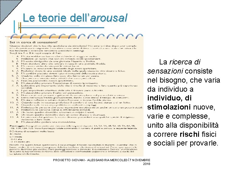 Le teorie dell’arousal La ricerca di sensazioni consiste nel bisogno, che varia da individuo, Le teorie dell’arousal La ricerca di sensazioni consiste nel bisogno, che varia da individuo,