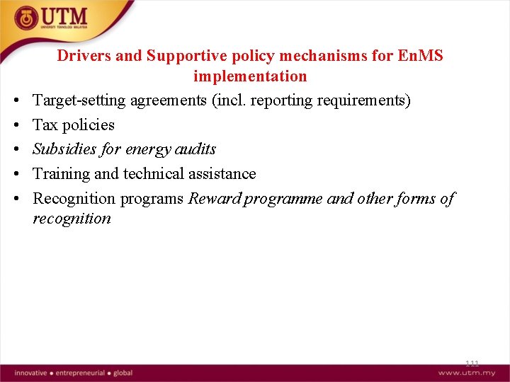  • • • Drivers and Supportive policy mechanisms for En. MS implementation Target-setting