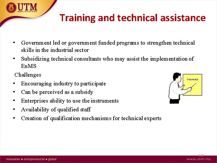 Training and technical assistance • Government led or government funded programs to strengthen technical