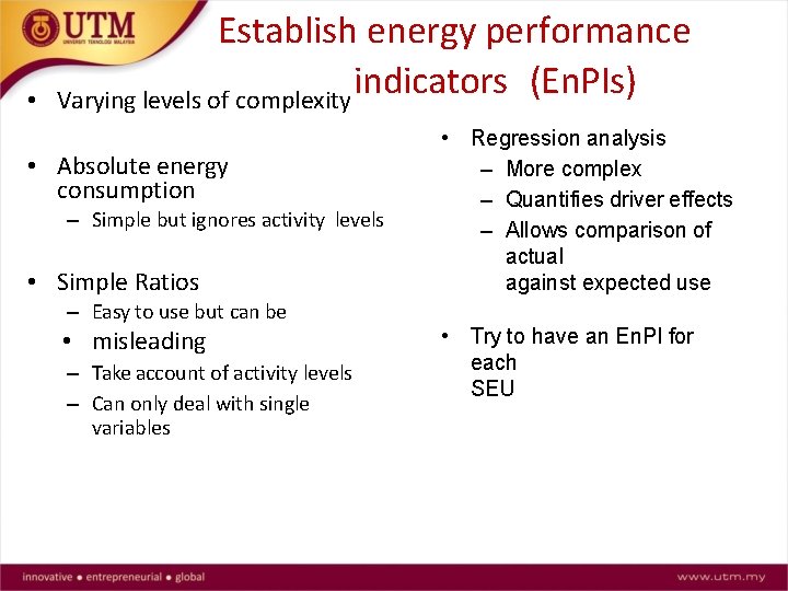  • Establish energy performance indicators (En. PIs) Varying levels of complexity • Absolute