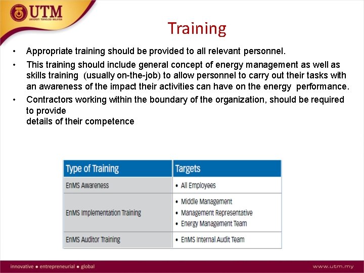Training • • • Appropriate training should be provided to all relevant personnel. This