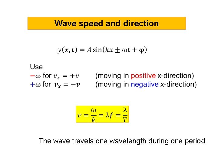 Wave speed and direction The wave travels one wavelength during one period. 