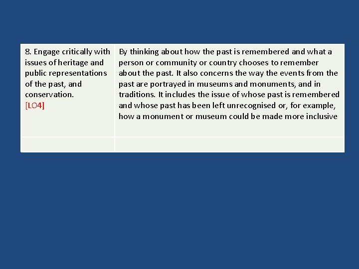 8. Engage critically with issues of heritage and public representations of the past, and 8. Engage critically with issues of heritage and public representations of the past, and