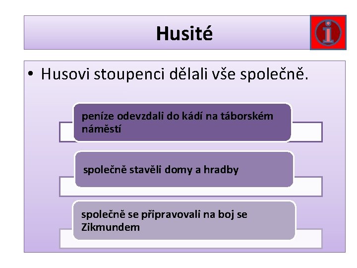 Husité • Husovi stoupenci dělali vše společně. peníze odevzdali do kádí na táborském náměstí