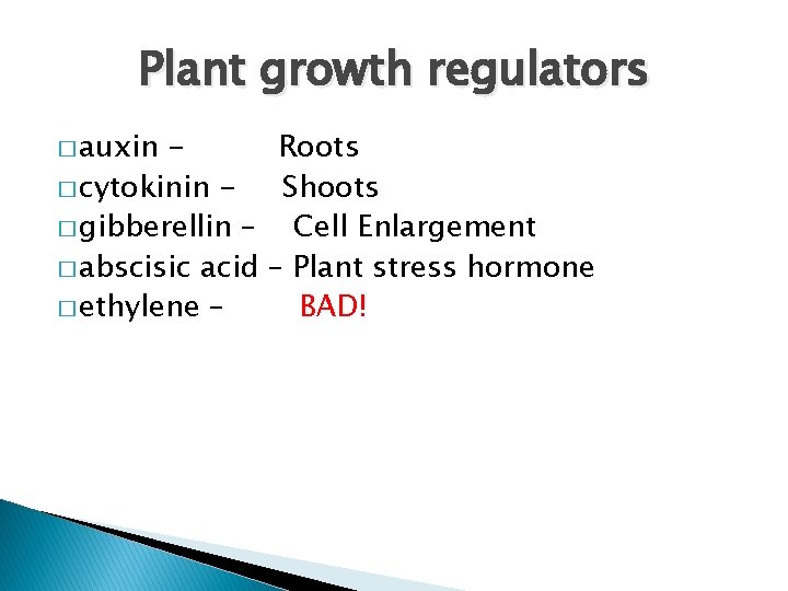 Plant growth regulators � auxin Roots � cytokinin Shoots � gibberellin – Cell Enlargement