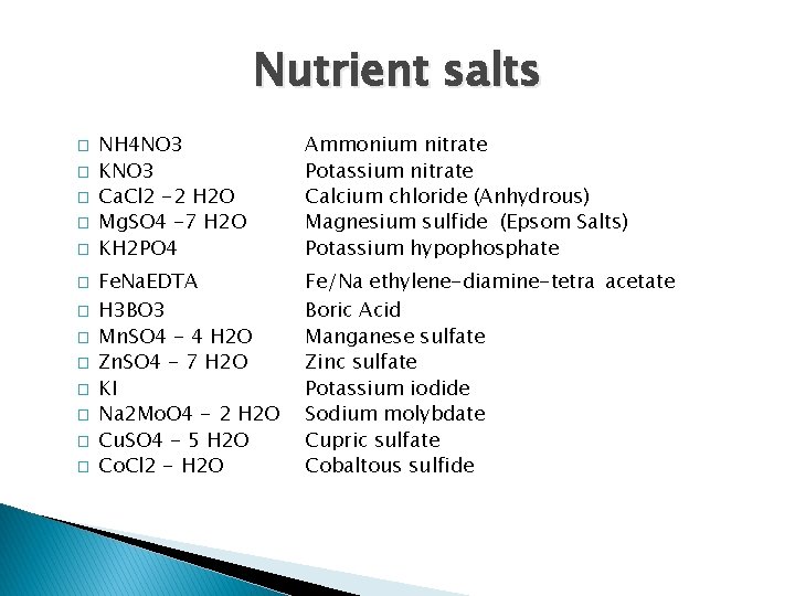 Nutrient salts � � � � NH 4 NO 3 KNO 3 Ca. Cl