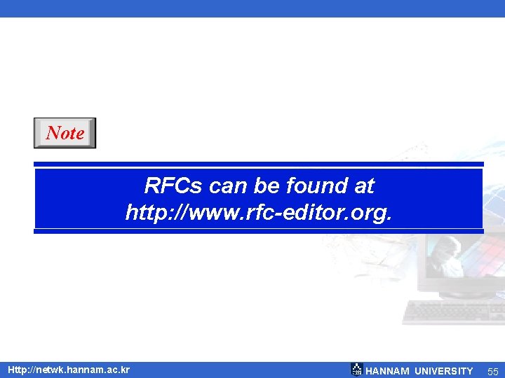 Note RFCs can be found at http: //www. rfc-editor. org. Http: //netwk. hannam. ac.