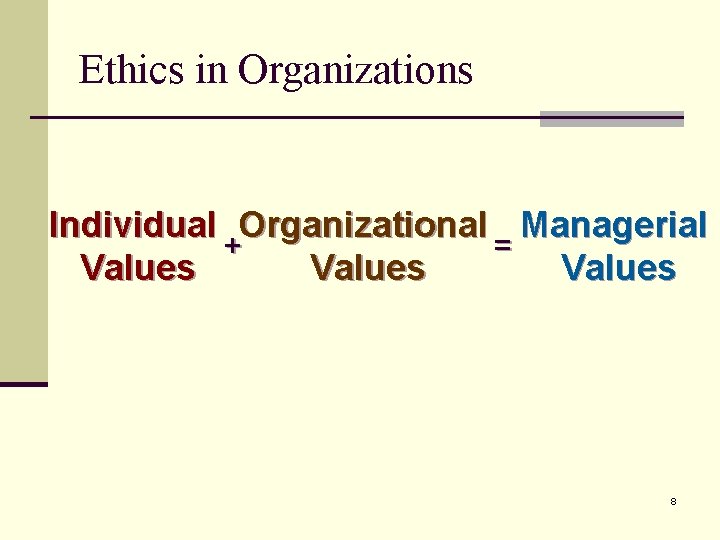 Ethics in Organizations Individual Organizational Managerial + = Values 8 