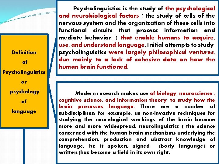 Definition of Psycholinguistics is the study of the psychological and neurobiological factors ( the