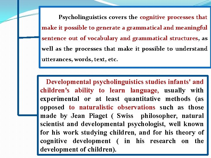 Psycholinguistics covers the cognitive processes that make it possible to generate a grammatical and