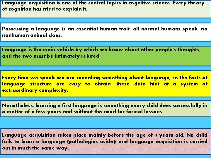 Language acquisition is one of the central topics in cognitive science. Every theory of