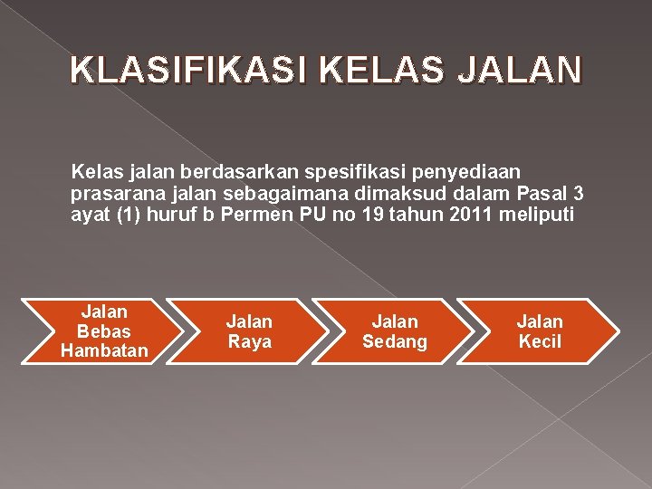 KLASIFIKASI KELAS JALAN Kelas jalan berdasarkan spesifikasi penyediaan prasarana jalan sebagaimana dimaksud dalam Pasal