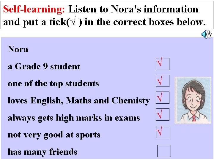 Self-learning: Listen to Nora's information and put a tick(√ ) in the correct boxes