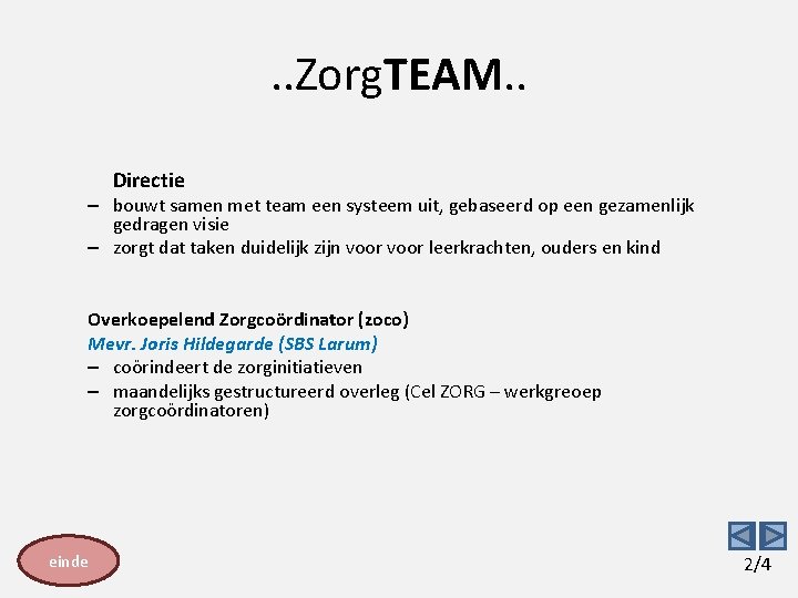 . . Zorg. TEAM. . Directie – bouwt samen met team een systeem uit,