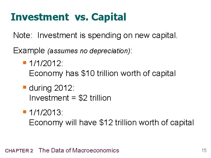 Investment vs. Capital Note: Investment is spending on new capital. Example (assumes no depreciation):